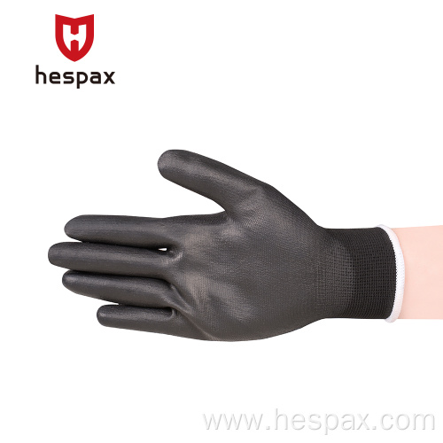 Hespax PU Palm Coated Anti-static Black Nylon Gloves